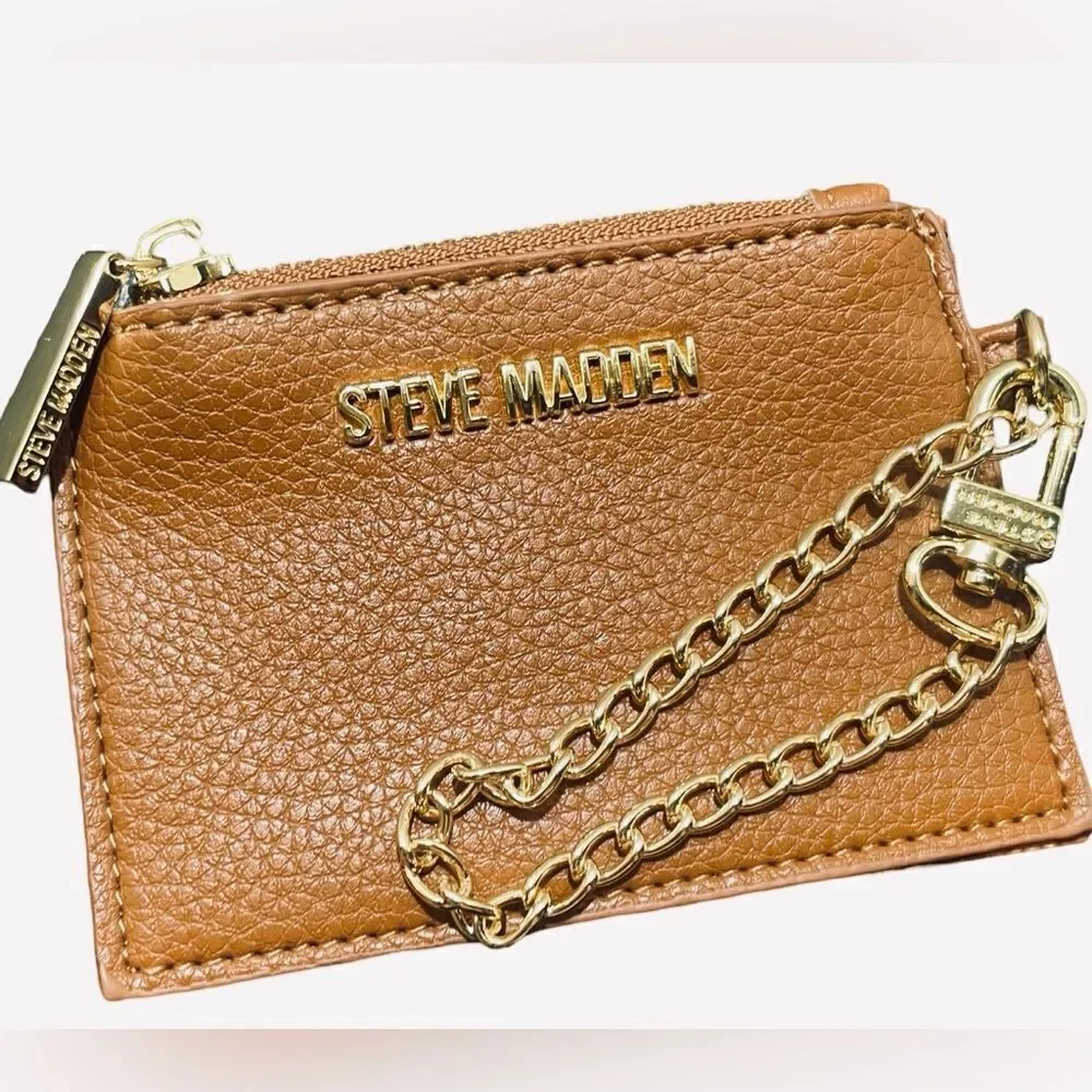 Steve Madden Tan Key & Card Holder with Gold Chain